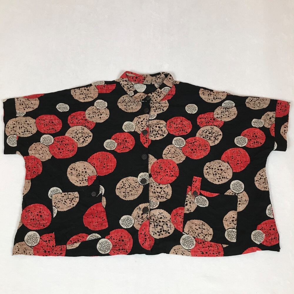 Mona Lisa Circle Geometric Abstract Boho Boxy Lagenlook Thick Button Pocket Top